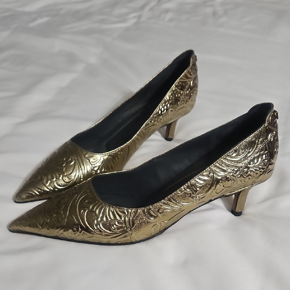 Franco Sarto Gold Floral Embossed Kitten Heels